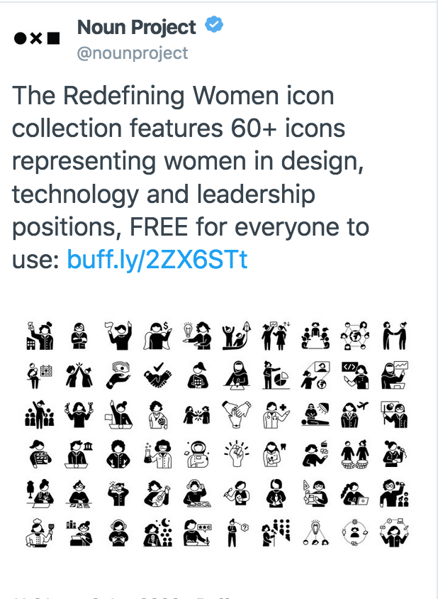 screen shot of web icons featuring women.  The tweet reads: The redefining Women icon collection features 60+ icons representing women in design, technology and leadership positions, FREE for everyone to use.  